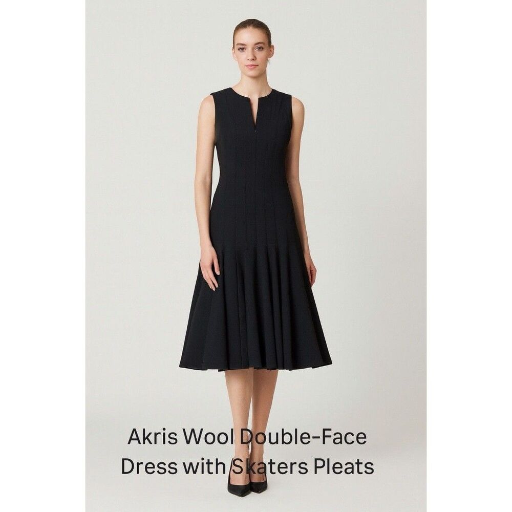 Akris Wool Double-Face Dress with Skaters Pleats Black Size 2 Formal Gala Curren